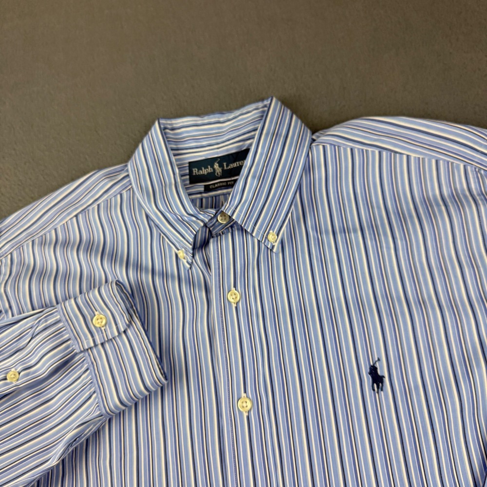 Polo Ralph Lauren Shirt Men's L Blue Striped Classic Fit Pony Oxford OCBD Preppy
